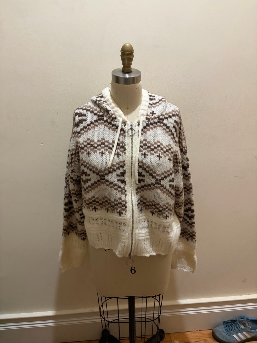 APRICOT Cream & Brown Hooded Zip Fair Isle Cardigan